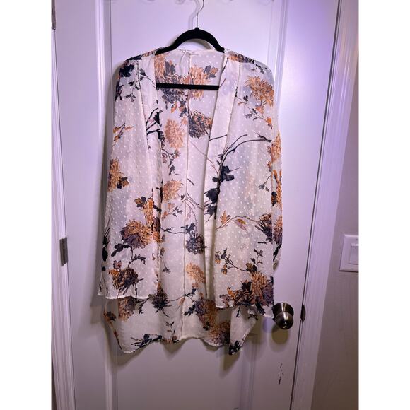 Maurices Floral Swiss Dot Kimono Cardigan L/XL Ivory Boho Layer - Picture 1 of 5